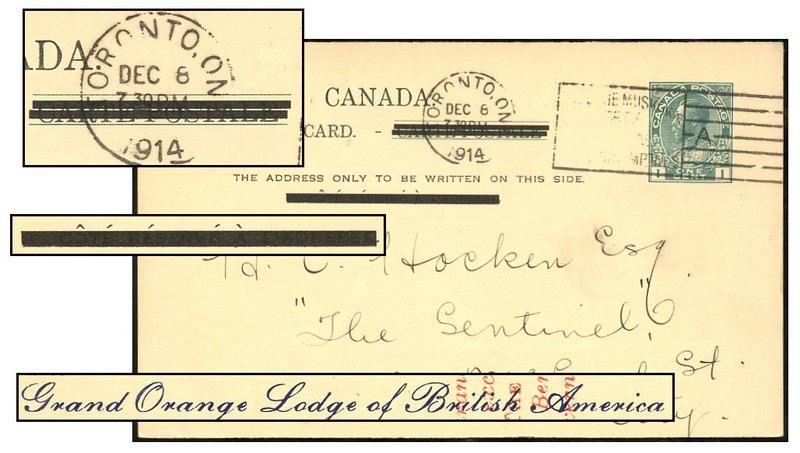 CANADA 1¢ ADMIRAL PSC DEC 1914 FRENCH BARRED P40