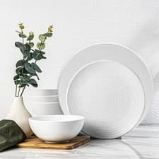 12 Piece White Melamine Dinnerware Set - Durable, Easy to Clean Plates and Bo...