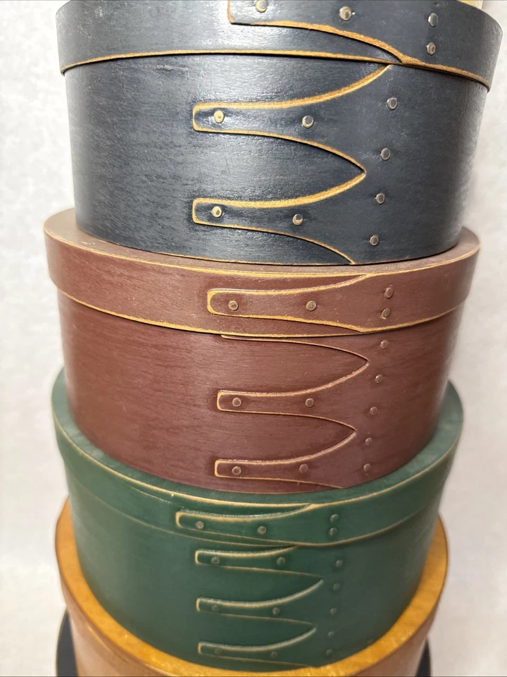 9 VTG Round Distressed Painted Lidded Nesting Wooden Shaker Boxes Decorative B31 - Image 4 of 4