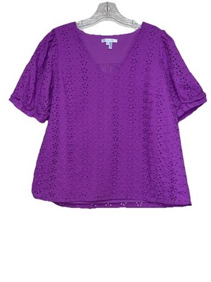 Draper James Women s Size M Purple Eyelet Cotton Top Short Sleeve V-Neck Shirt