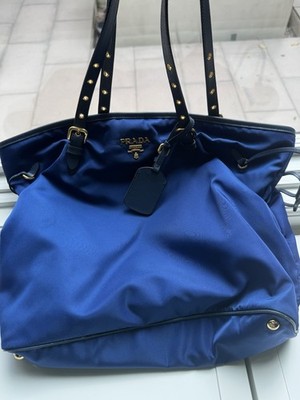PRADA Blue Tote Nylon ,Black Double Handles Snap Closure Gold Hardware