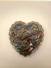 Fenton Carnival Glass Iridescent Amethyst Hummingbird Heart Shaped Trinket Box
