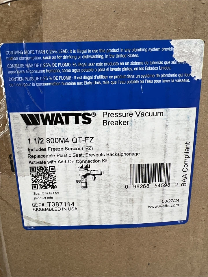 Watts 1 1/2” 800M4-QT-FZ Anti-siphon Pressure Vacuum Breaker, 150 PSI, 140°F - Image 2 of 4