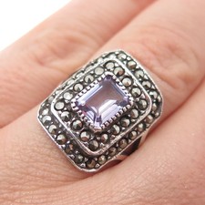 925 Sterling Silver Vintage Real Amethyst  Marcasite Oxidized Ring Size 6.5