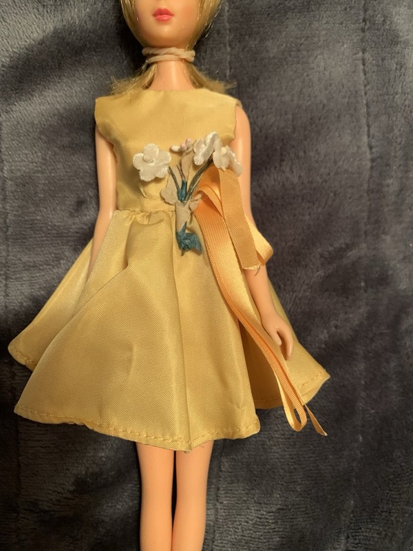 VTG Francie Clone Gold Taffeta Doll Party Dress With Flowers