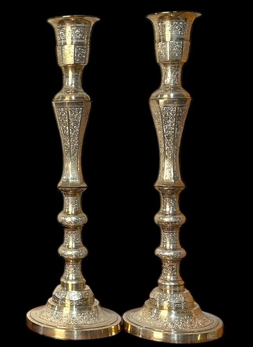 28” Tall Pillar Candle Holders Brass Enameled Engraving Middle Eastern - Picture 12 of 18