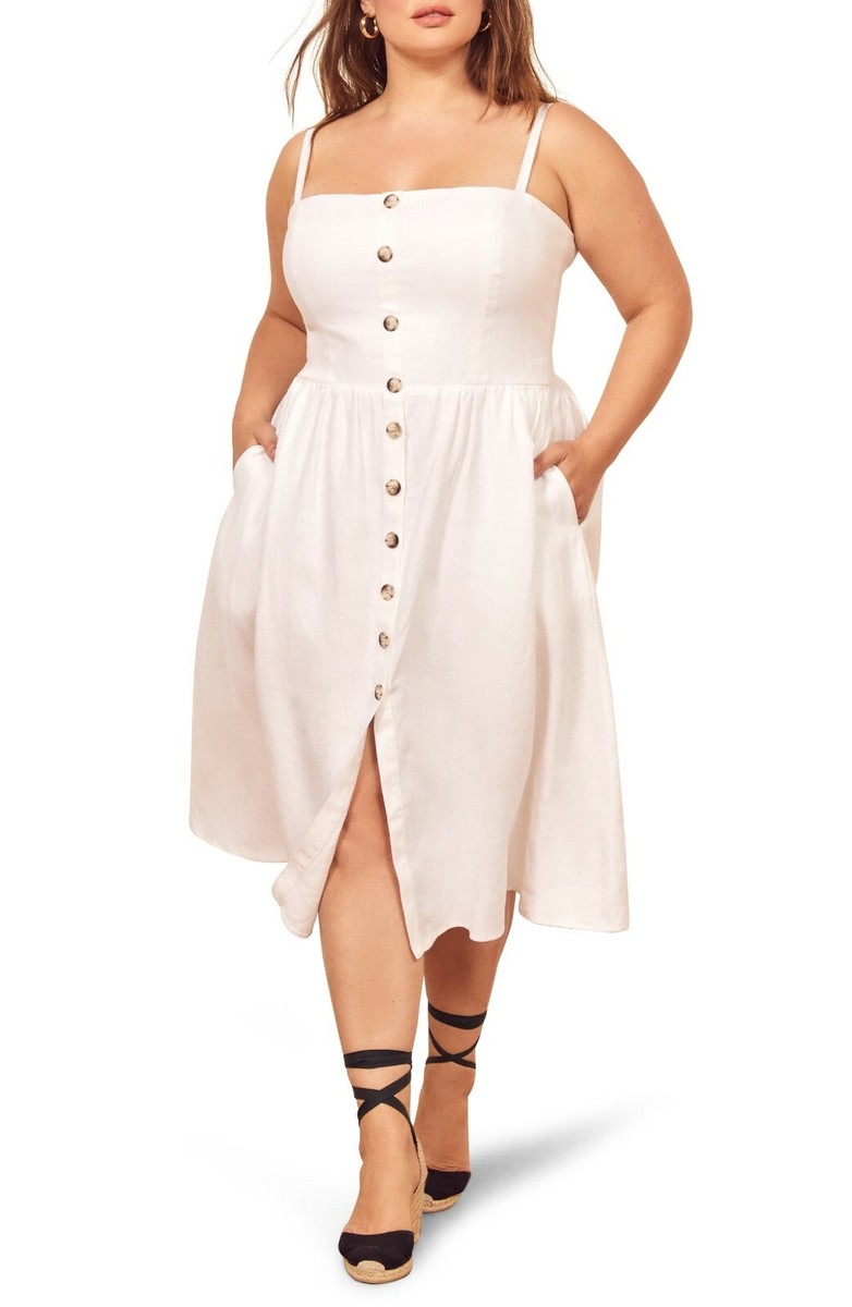 REFORMATION White Linen Button Down TORI Smocked Sun-Dress + Pockets 20W 2X  NEW | eBay