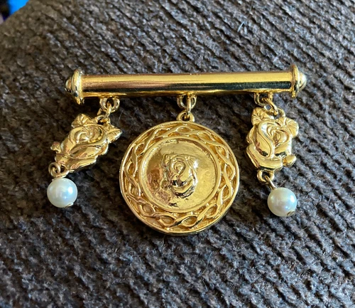 Vintage Rose Dangle Bar Brooch Pin Gold Tone 2” Costume Jewelry-Nice!