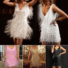Women Glitter Fringe Tassel Dress Sleeveless Sequins Tassel Dance Evening Party