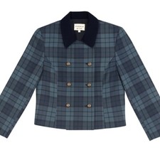 Carroll Reed Blazer Womens 14P Blue Plaid Wool Double Breasted Velvet Collar