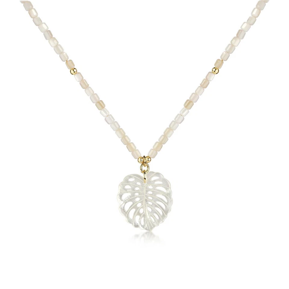 Damen Kette Perlenkette Weiß Perlmutt Blatt Glücksbringer 24K vergoldet K6257DL - Bild 2 von 4