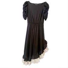 Vintage Wide Neck Black Striped Ruched Sleeves Aysm. Ruffle Hem Midi Dress S/M