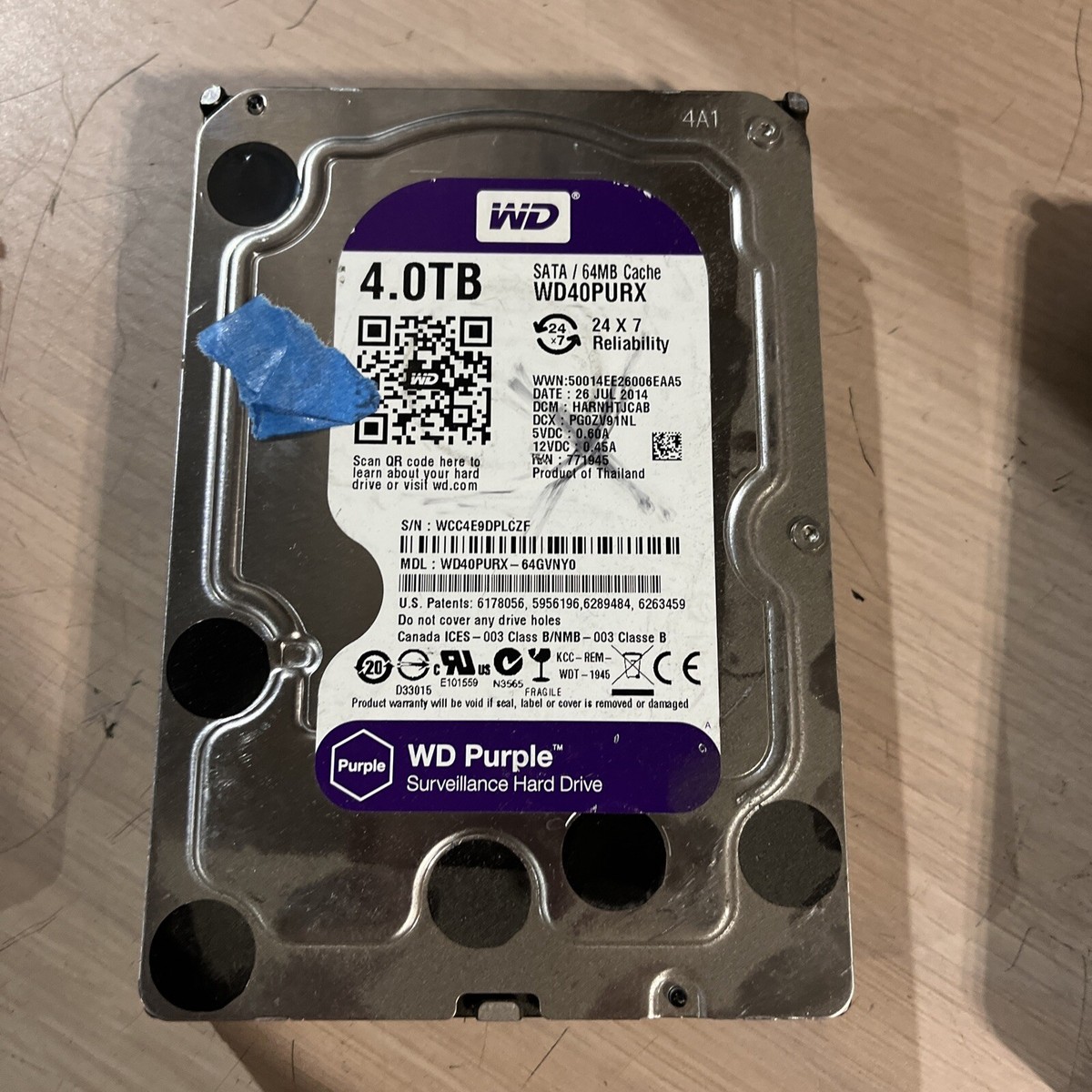 WD Purple 4TB HDD WD40PURX　3枚　中古品 WD WD40PURX Purple 4TB Surveillance Hard Drive SATA 718037856773| eBay