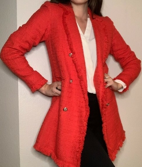 Carolina Belle Montreal Orange Red Tweed Open Front Jacket Blazer - Main Image