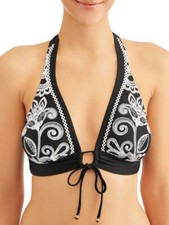 Time and Tru Women's Embroidered Halter Bralette Bikini Swimsuit Top Rich Black