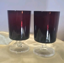 Vintage Ruby Red Clear Pedestal Stem Glass Goblet Arcoroc France  8oz. Set of 2