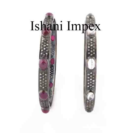 Natural Diamond & Polki Ruby Bangle Set in 925 Sterling Silver 2pc-image