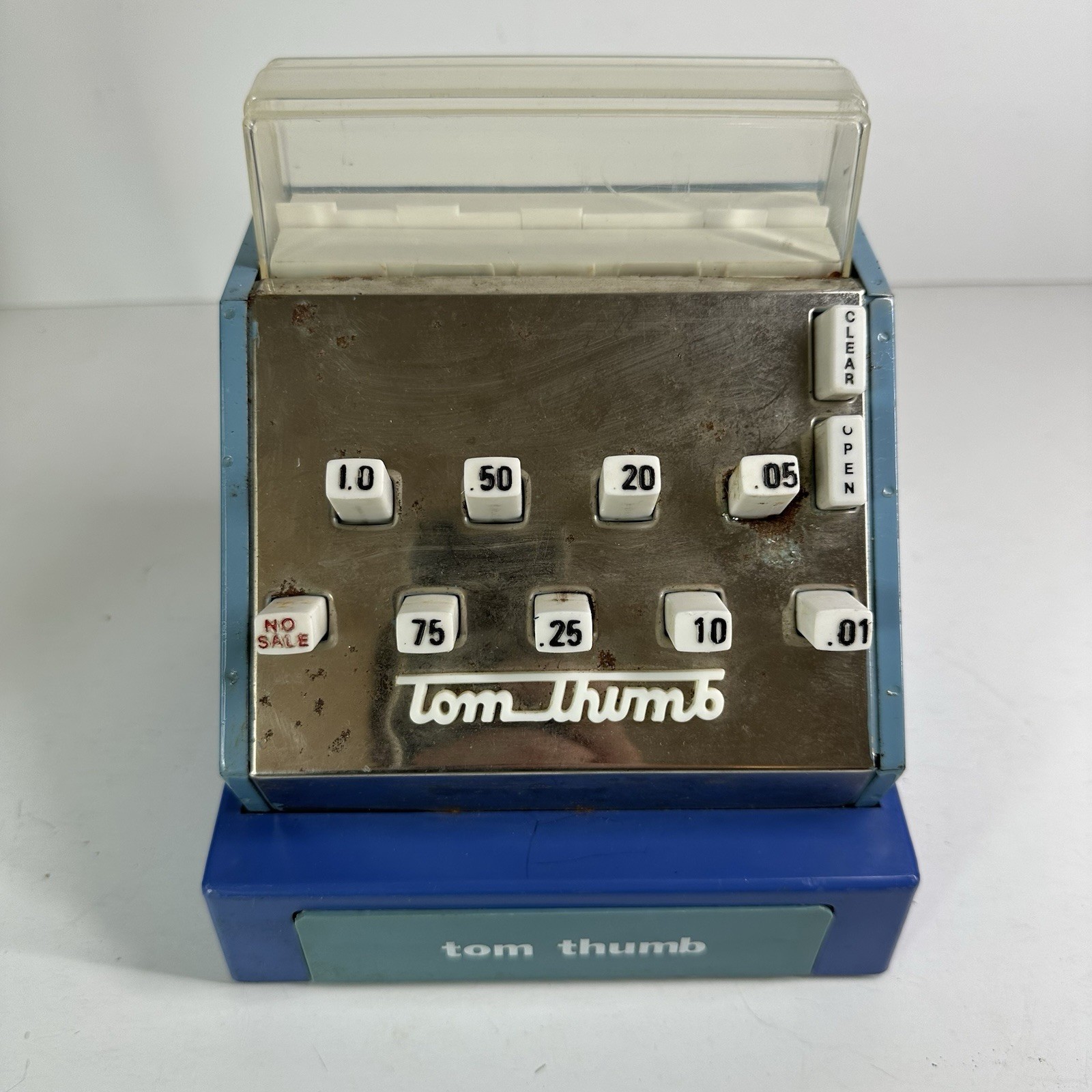 как выглядит Vintage 1950s Tom Thumb Toy Cash Register Blue Metal Cash Drawer Metal Cash Box фото