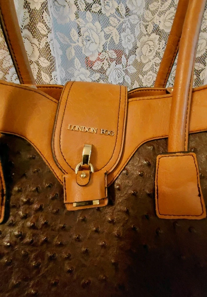 London Fog Lark Ostrich-Embossed Faux Leather Dome Satchel Brown/Tan Rt $138 - Image 4 of 4