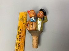 Carved Wood Bottle Stopper Animated Woman Man Tipping Hat  & Kissing Figural Vtg