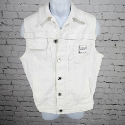 Heritage America White Denim Distressed Stretch Buttoned Collared Vest Medium M