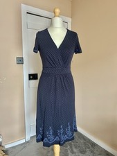 Fat Face Navy Polka Dot Floral Dress, Size 12, V-Neck, Short Sleeve, Boho Style