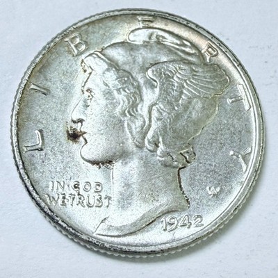 1942 MERCURY DIME, 90% SILVER, ABOUT UNCIRCULATED DETAILS FREE SHIPPING #9255