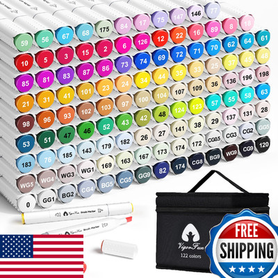 VigorFun Alcohol Markers Brush Tip, 122 Colors Dual Tip Artist Brush & Chisel Ti