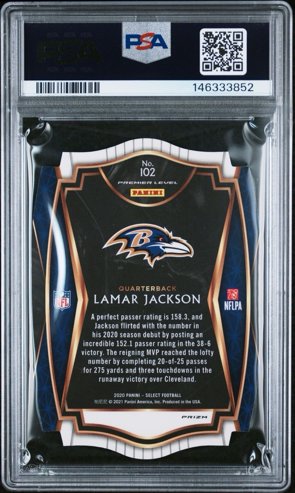 2020 Panini Select - Premier Level Lamar Jackson #102 Tri-Color Prizm Die-Cut view 2