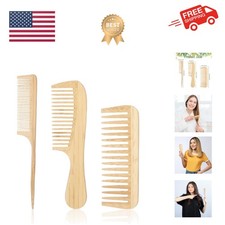 3PCS Natural Handmade Bamboo Anti-Static Combs Set - Wide Tooth, Rat Tail and...