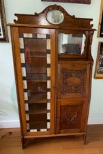 Victorian Oak Antique Side by Side Secretary Desk & Bookcase w/ Stained Glass