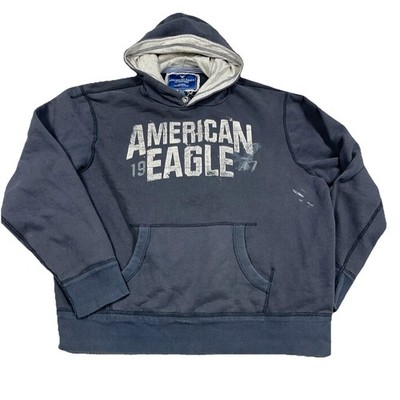 Vintage Y2K American Eagle Hoodie Men XXL 2XL Faded Black Sweatshirt Spellout *