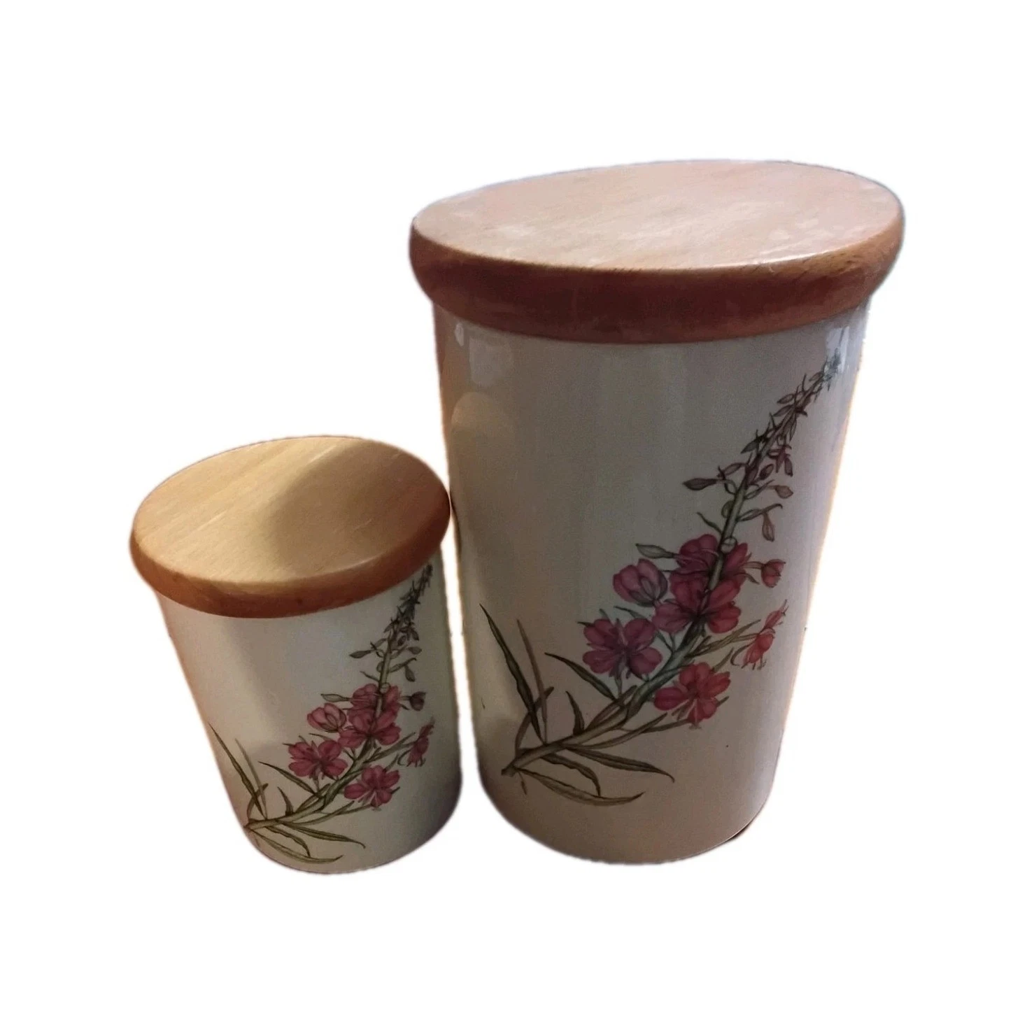 Set of 2 White Ceramic Cylinder Canisters with Wooden Lids Floral Nature Design