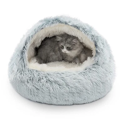 CATISM Grey Cat Bed Cave Hooded Soft Warming Kitten House Pet Dog Bed Washable