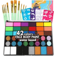 Face Paint Kit 42 Water Based Non Toxic with face paint Colors 16 Glitters, 32