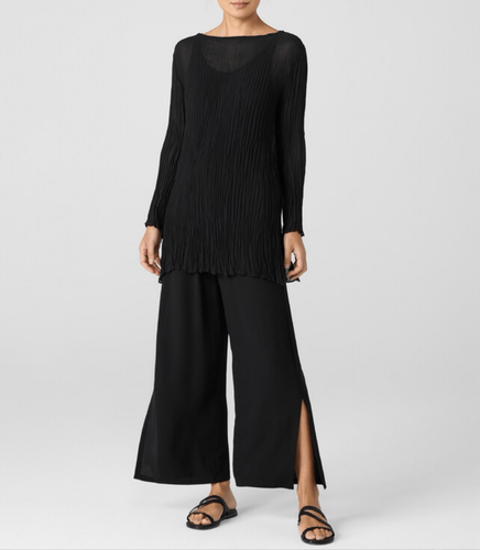 Eileen Fisher 278 $ schwarze Damenhose Krepp weites Bein Seitenschlitz Tencel Large NEU - Bild 2 von 11