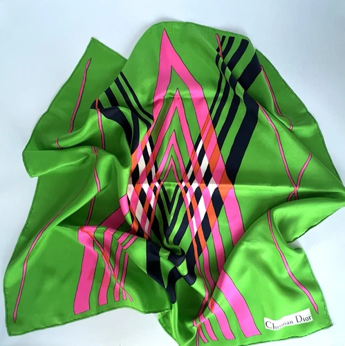 Foulard vintage Christian Dior imprimé vert et rose en soie