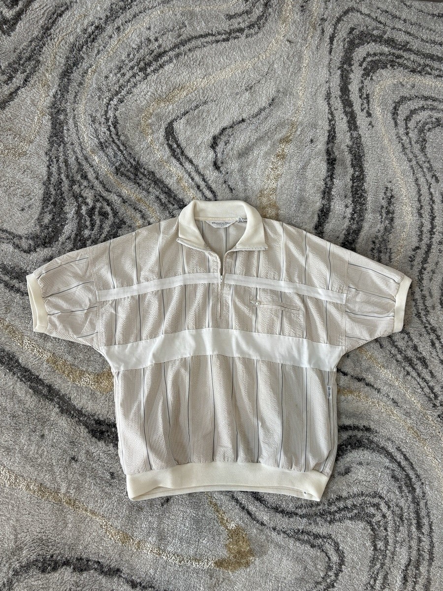 Vtg 90's Christian Dior Monsieur Zip Up Short Sleeve White Beige