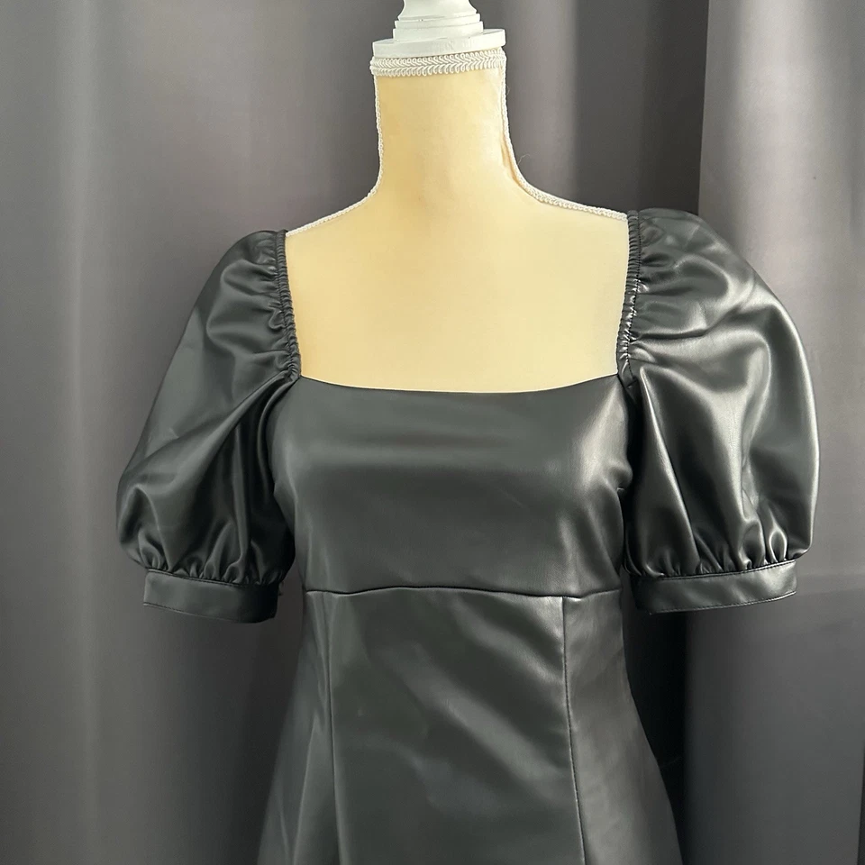 H&M Faux Leather Fleece Lined Puff Sleeve Mini Dress Black Sz Small Goth Biker - Image 3 of 3