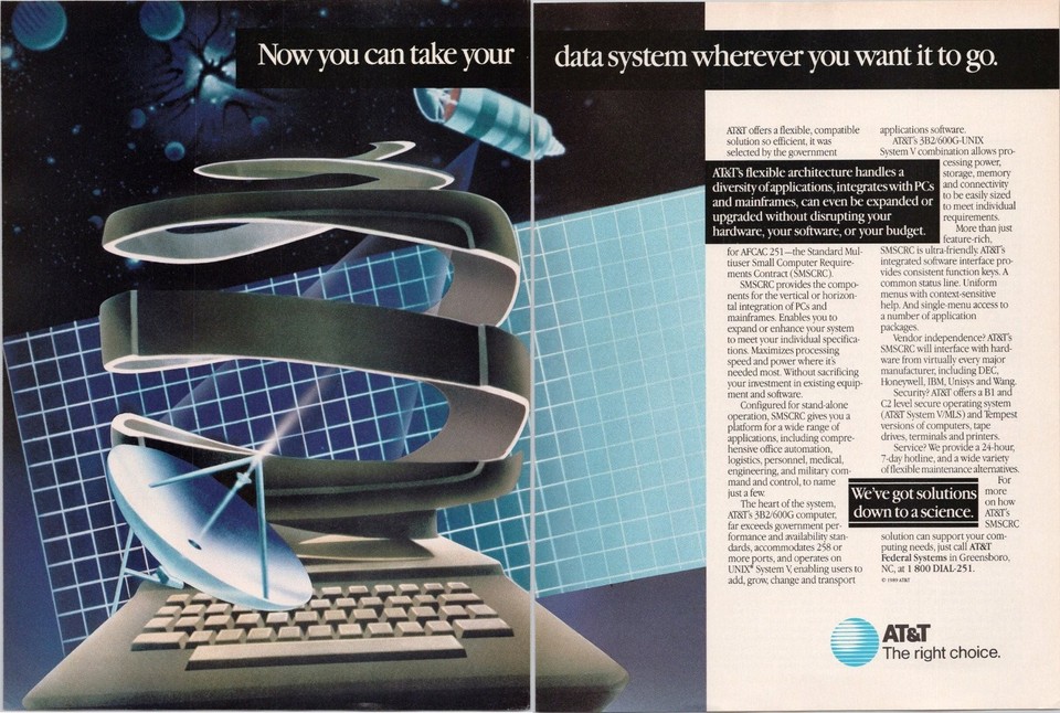 A 1989 AT&T Data Systems print ad featuring satellites and retro tech imagery — wall-ready vintage ephemera that looks like it belongs in a sci-fi set.