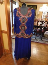 GORGEOUS NAVY BLUE SILK BEADED ANDRIANNA PAPELL FORMAL LONG SLEEVE GOWN S 18