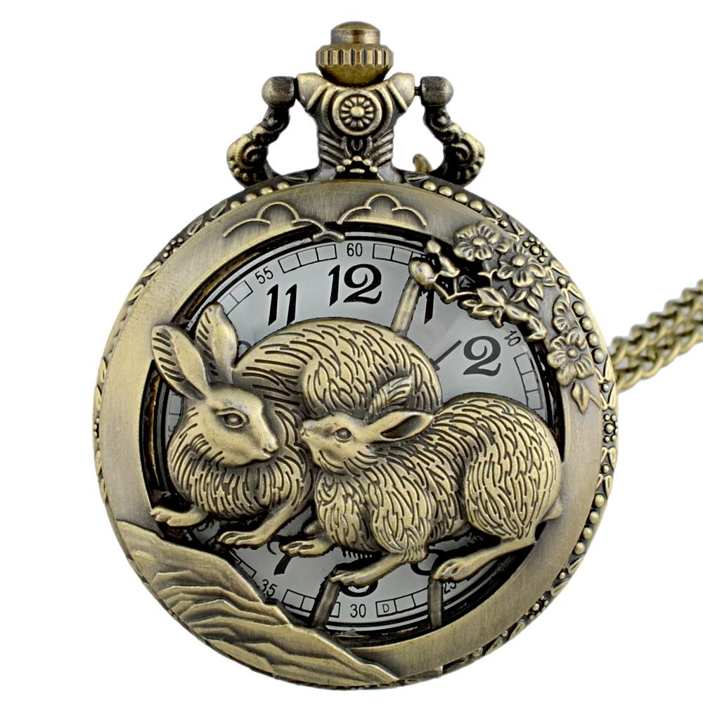 Vintage Bronze Rabbit Animal Pocket Watch Quartz Necklace Hollow Pendant Gift eBay
