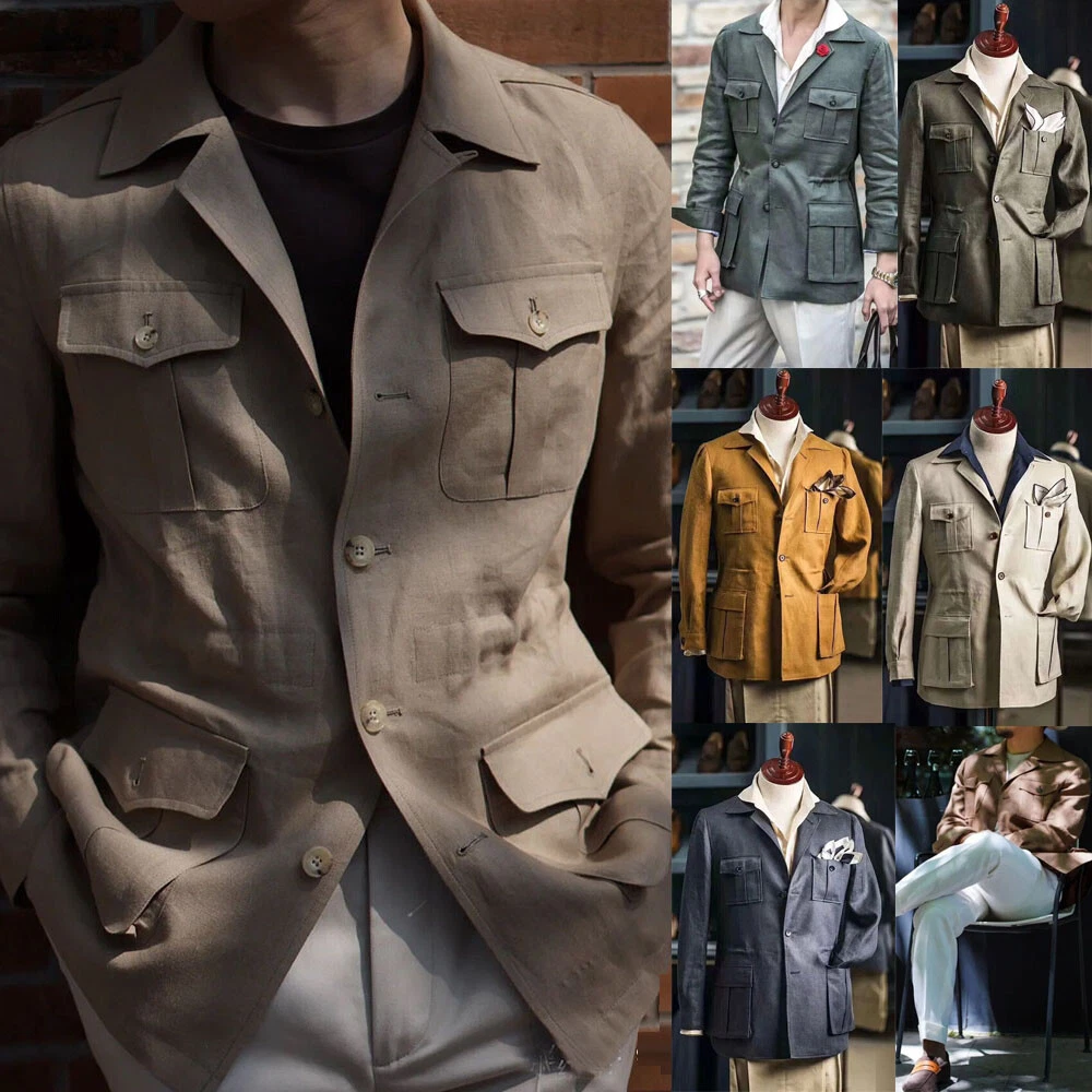 Vintage Men's Linen Safari Jacket Leisure Multi Pockets Groomsman Party Tuxedos
Opens in a new windo