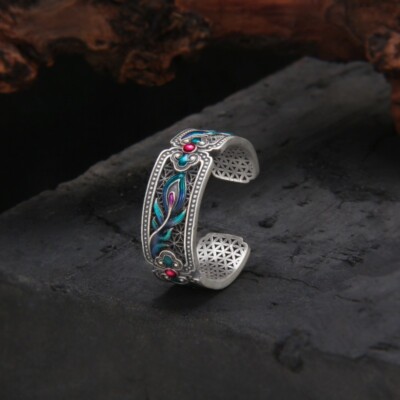 L27 Ring Multicoloured Phoenix Feather Ethnoschmuck Fine Silver 999 Adjustable
