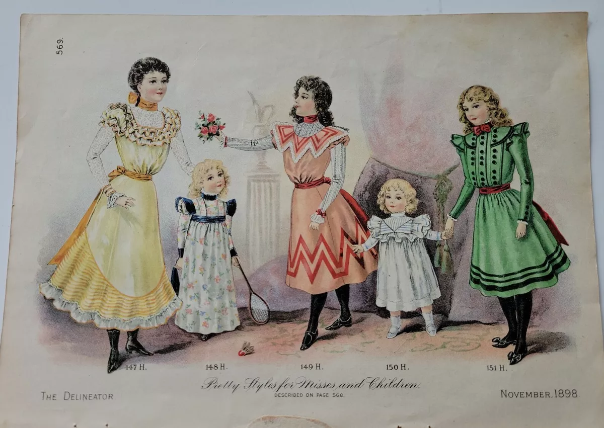 1898 young little girls dress clothing color plate print Victorian fashion