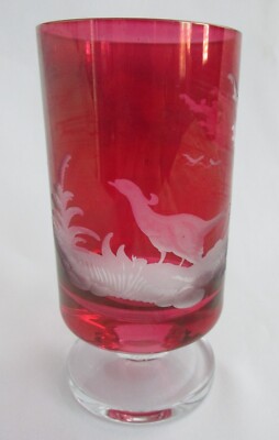 Riedel Hunt Scene Pheasant Cranberry Red Bohemian Cut to Crystal Footed Glass