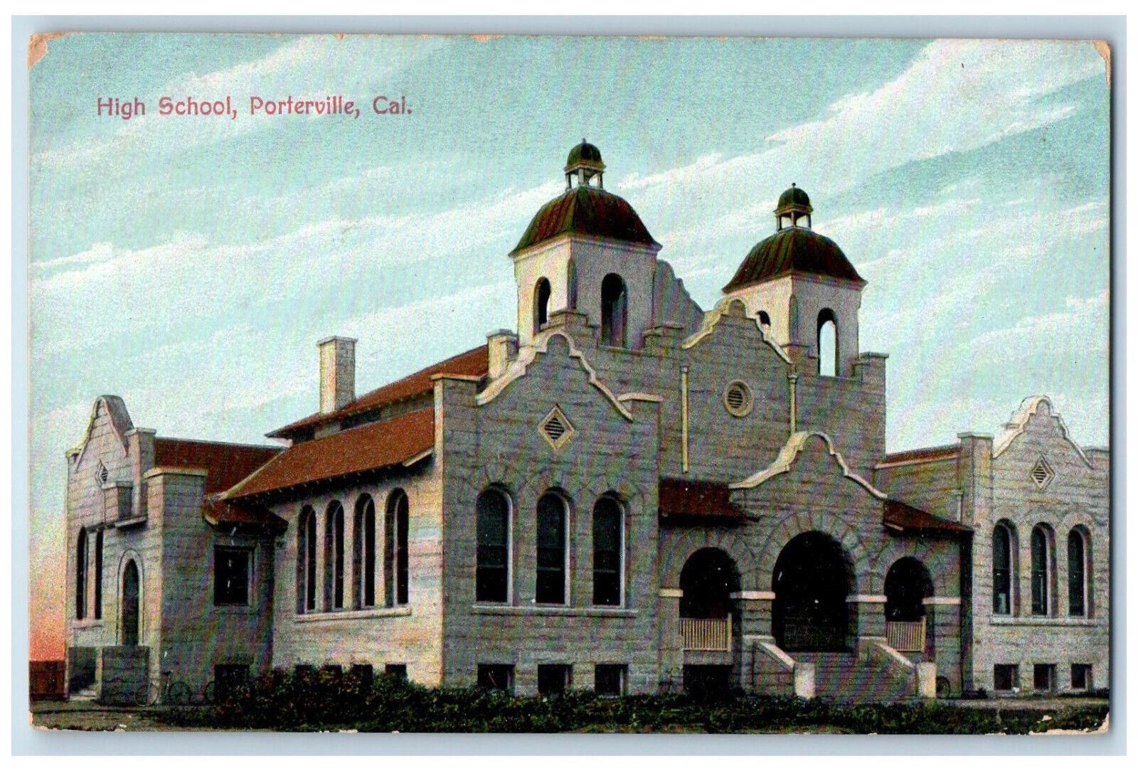 High School Exterior Scene Porterville California CA Vintage Posted  Postcard