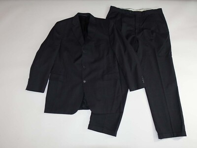Jack Victor Men's 3 Button Suit Size 44 Long 38 x 32 Black Striped Wool Pleated