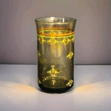 VNTG Libbey Smoke Brown Tumbler Glasses w/ Red & Green Trim + Flowers 