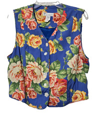 Vintage F.L. Malik Floral Vest Large Button Front Roses Cottage Festival Garden